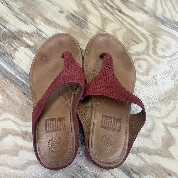 FitFlop Banda Perforated Leather Thong Toe-Post Sandal Size 5 Red Comfort Casual - Picture 6 of 8